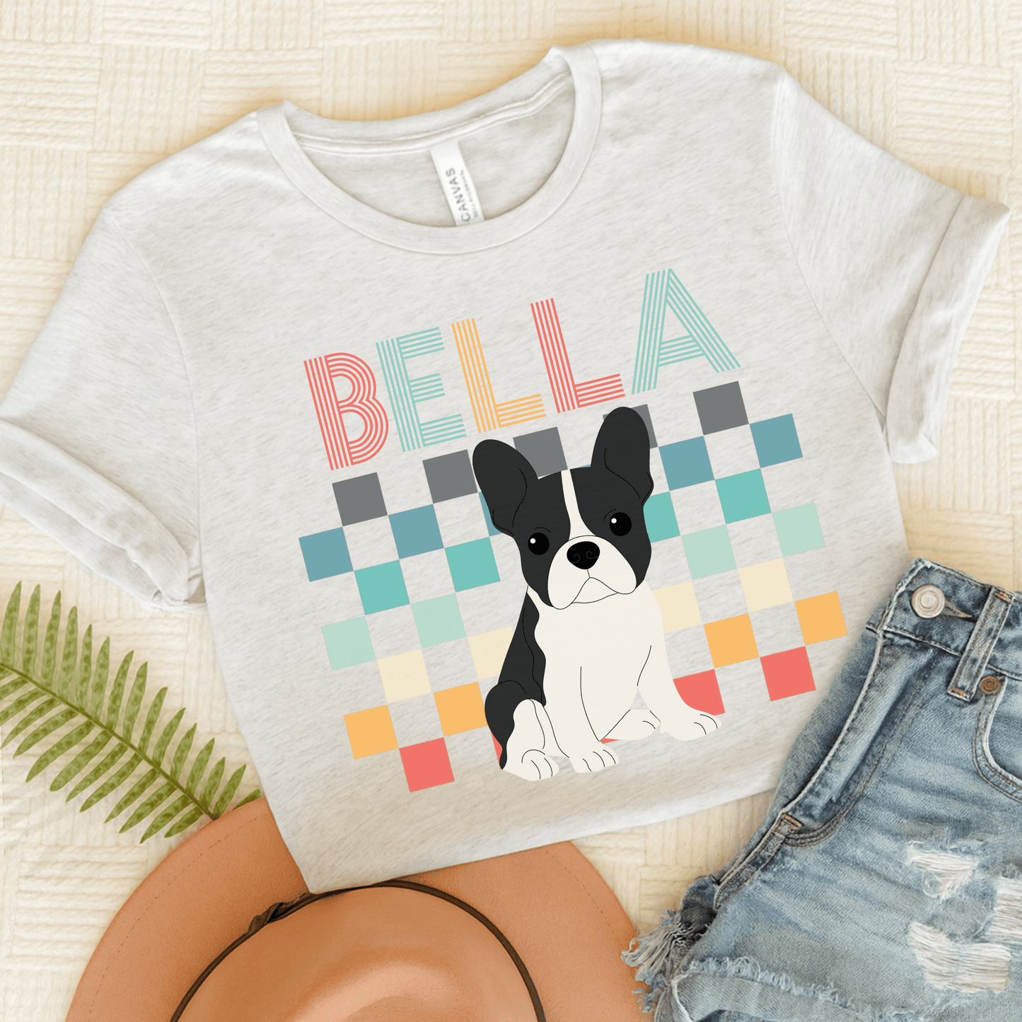 Printify T-Shirt Ash / S Piebald French Bulldog Checkered Tee
