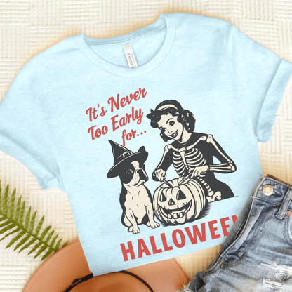 Piebald French Bulldog Early Halloween TShirt Heather Ice Blue