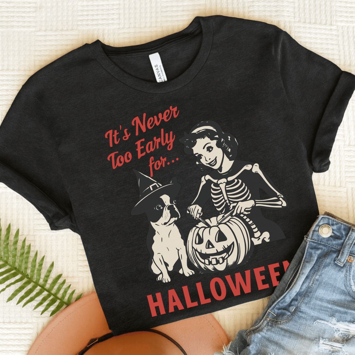 Piebald French Bulldog Early Halloween TShirt Black Heather