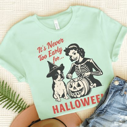 Piebald French Bulldog Early Halloween TShirt Heather Mint