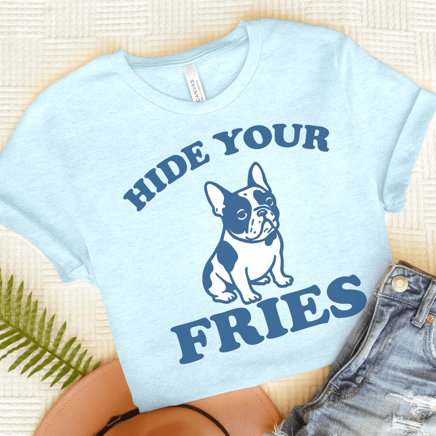 Piebald French Bulldog Fries TShirt Heather Ice Blue