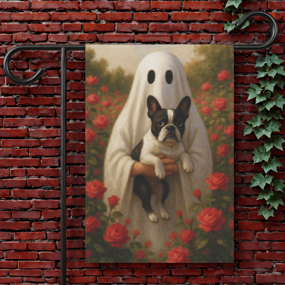 Piebald French Bulldog Ghostie Halloween Garden Flag 12'' × 18''