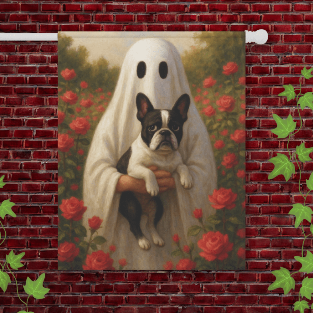 Piebald French Bulldog Ghostie Halloween Garden Flag 24.5'' × 32''