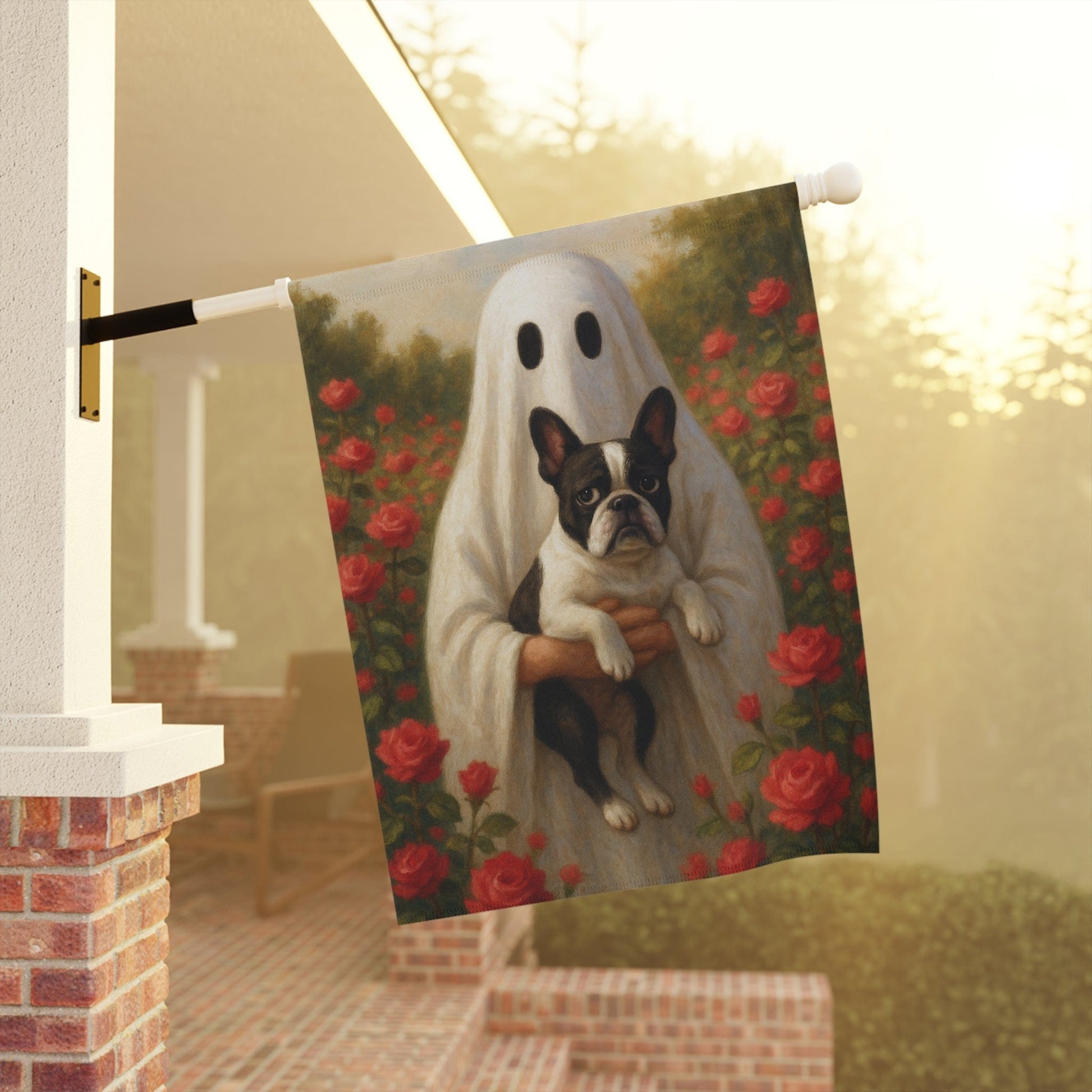 Piebald French Bulldog Ghostie Halloween Garden Flag