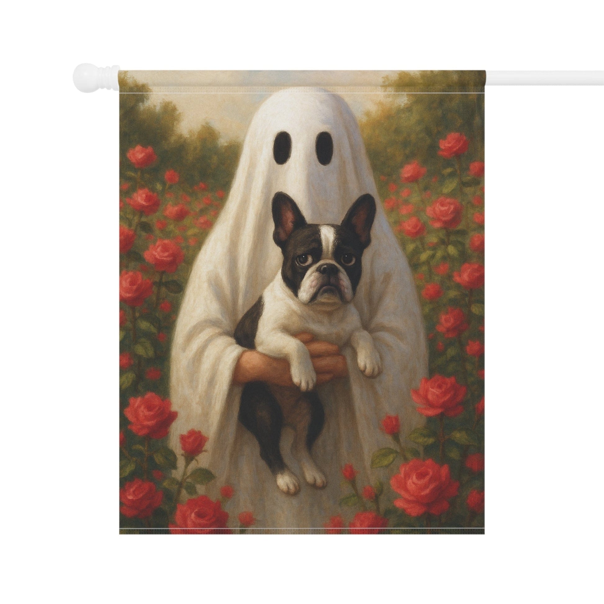 Piebald French Bulldog Ghostie Halloween Garden Flag