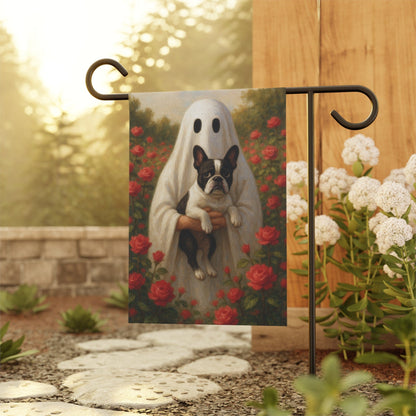 Piebald French Bulldog Ghostie Halloween Garden Flag