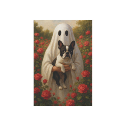 Piebald French Bulldog Ghostie Halloween Garden Flag