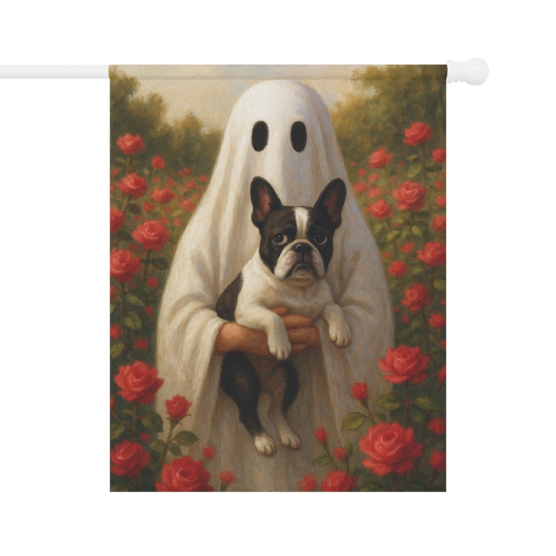 Piebald French Bulldog Ghostie Halloween Garden Flag