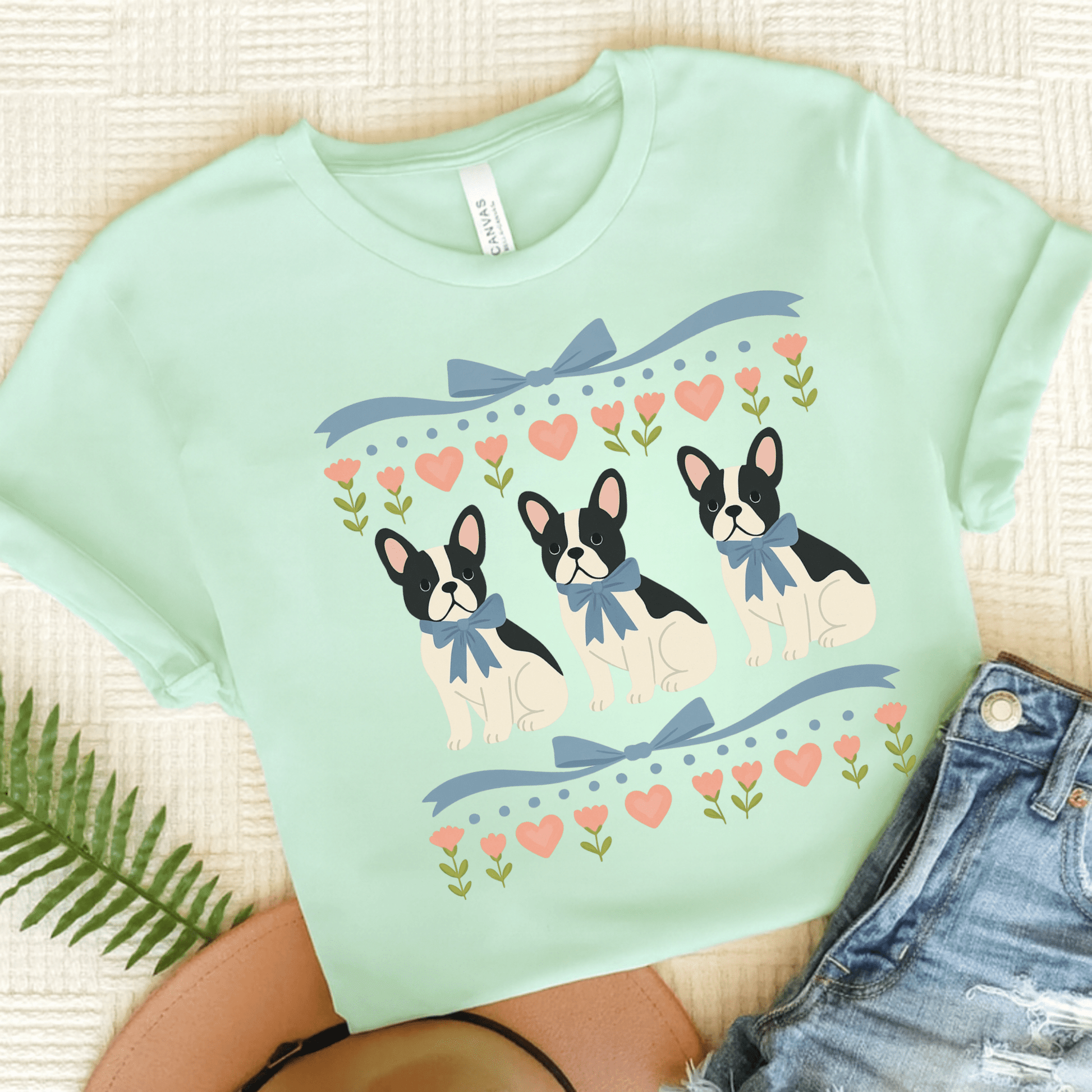 Piebald French Bulldog Grandma TShirt Heather Mint