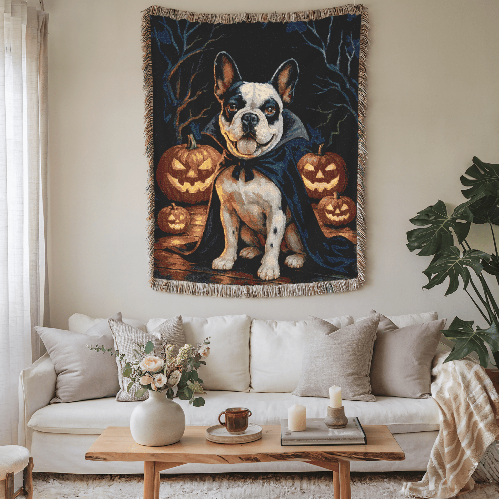 Printify Blanket Piebald French Bulldog Halloween Woven Blanket