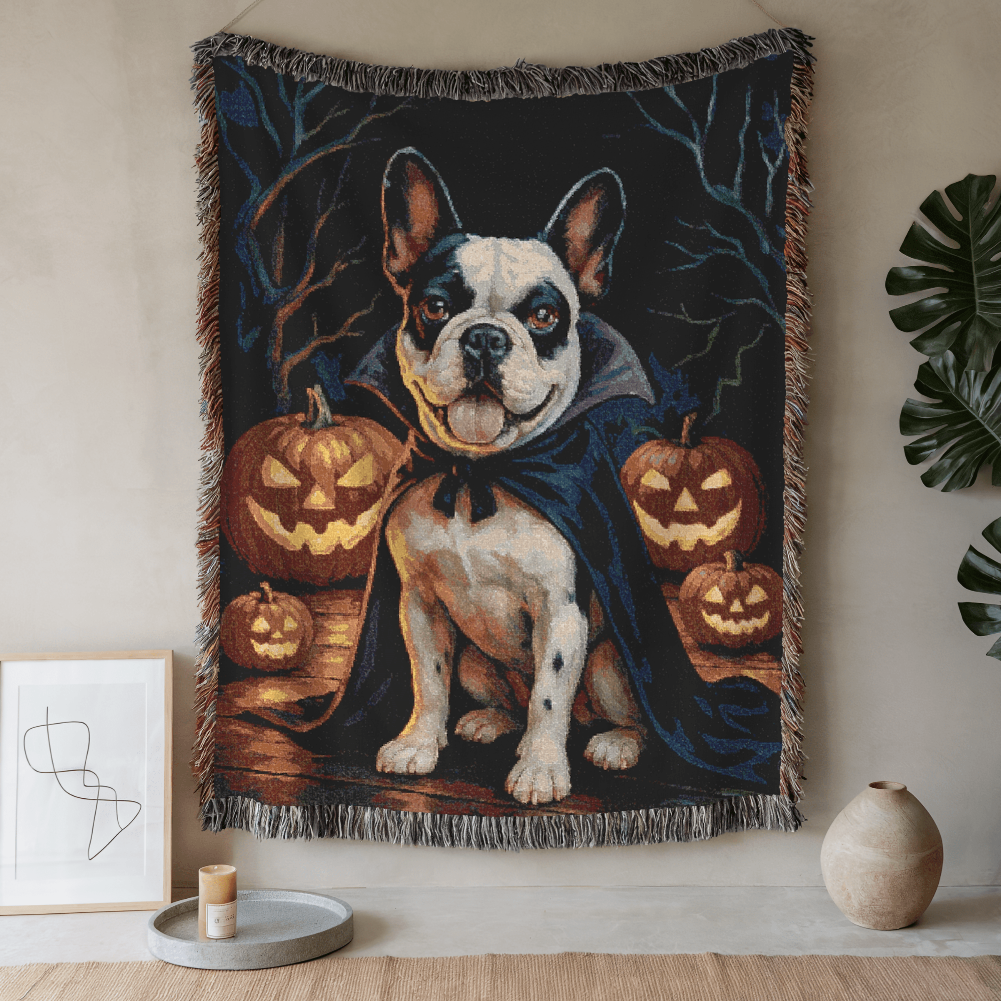 Printify Blanket 52'' × 37'' Piebald French Bulldog Halloween Woven Blanket