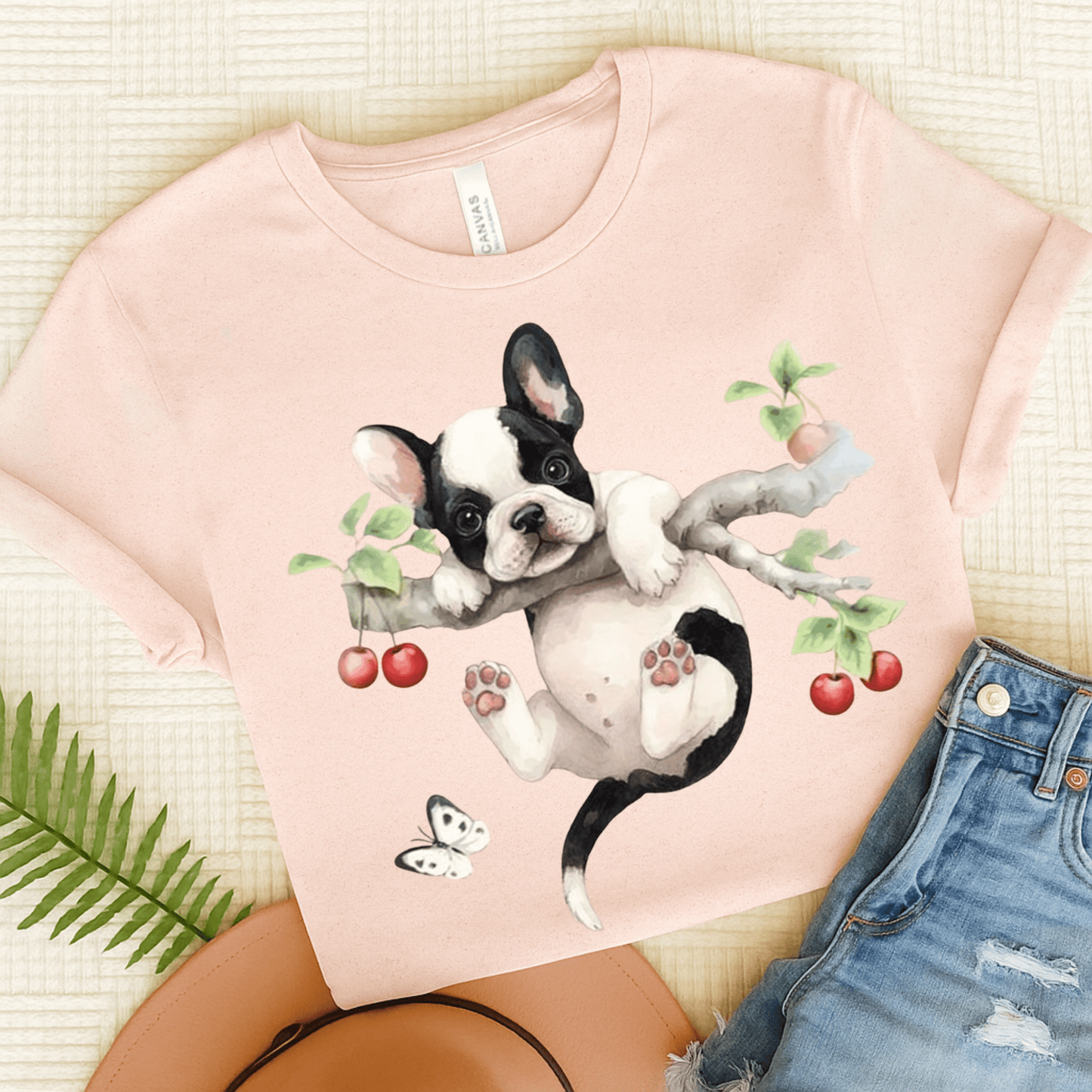 Printify T-Shirt Soft Pink / S Piebald French Bulldog Hang In There Tshirt