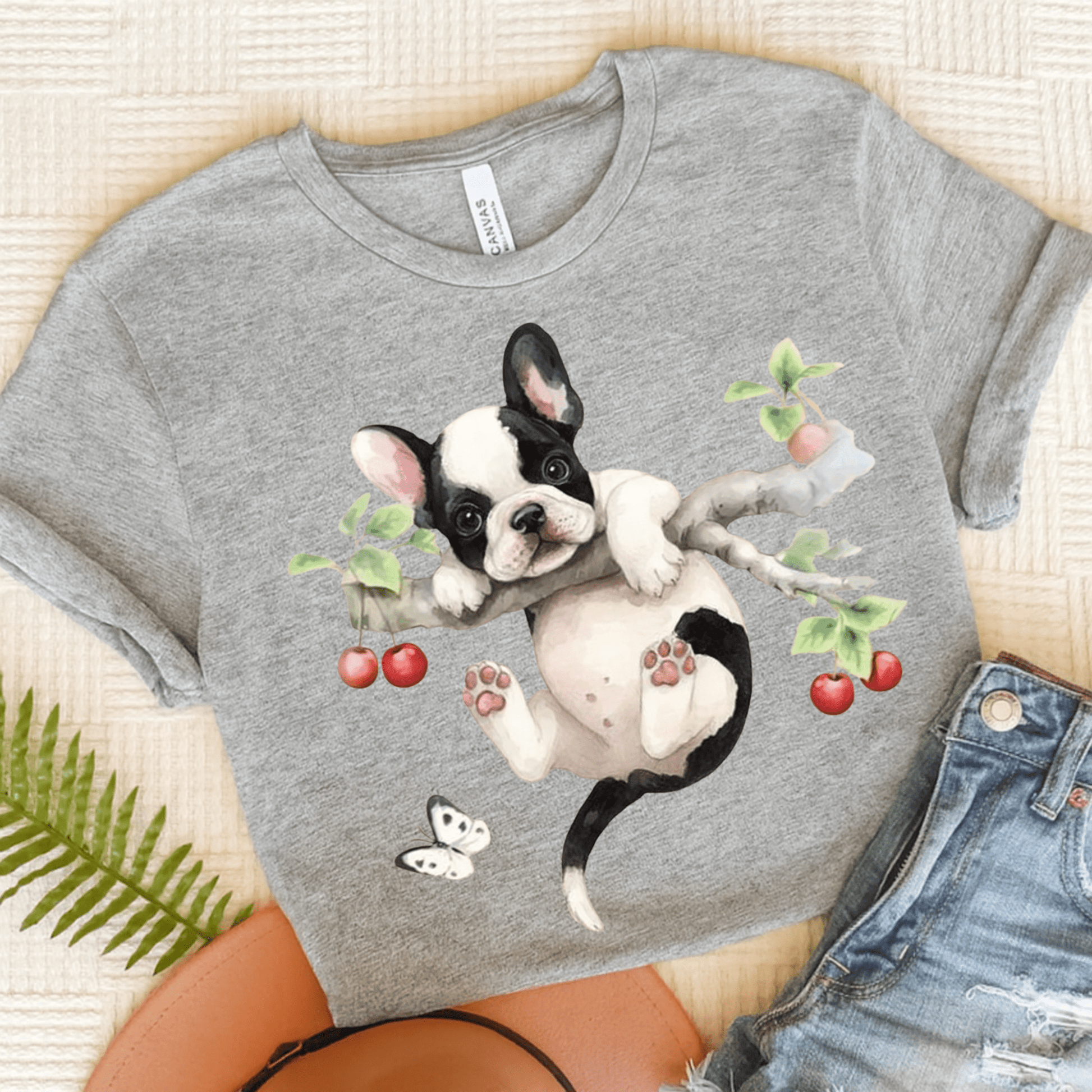 Printify T-Shirt Athletic Heather / S Piebald French Bulldog Hang In There Tshirt