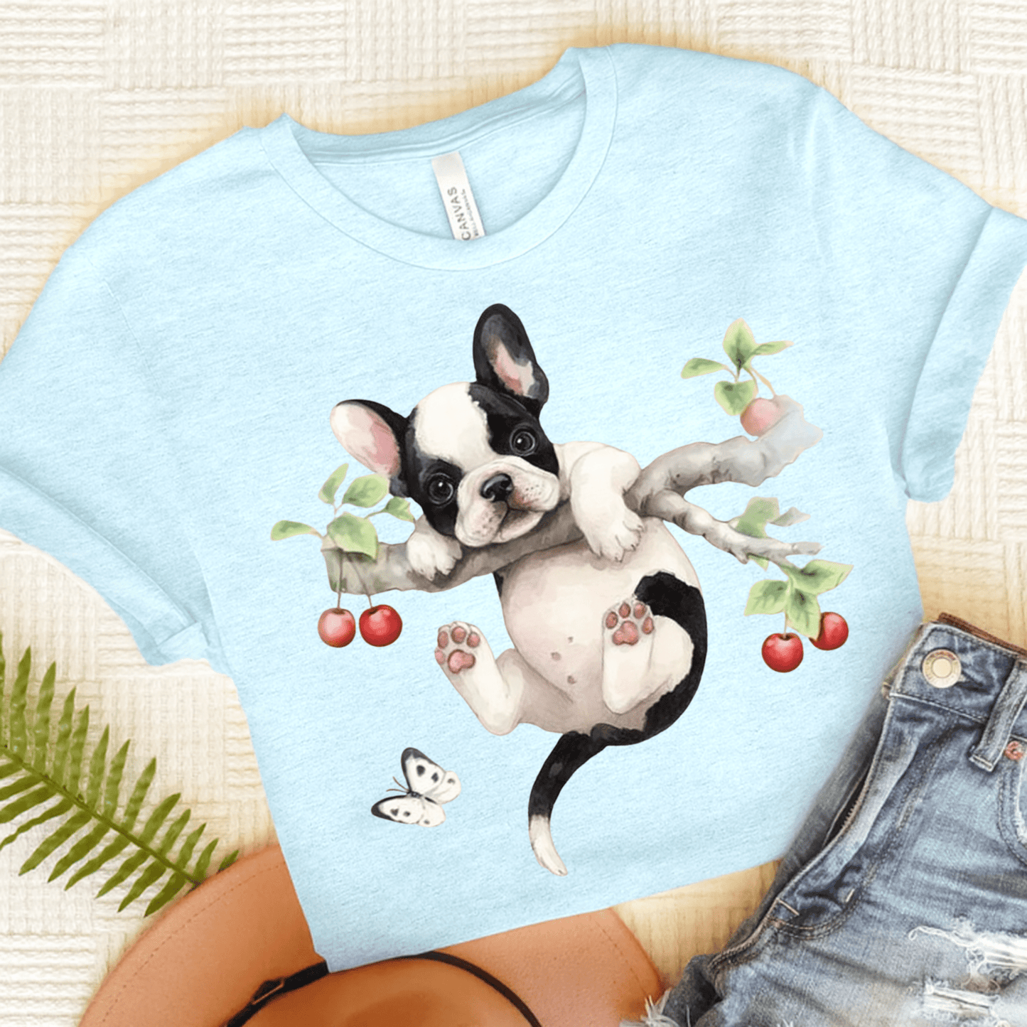 Printify T-Shirt Heather Ice Blue / S Piebald French Bulldog Hang In There Tshirt