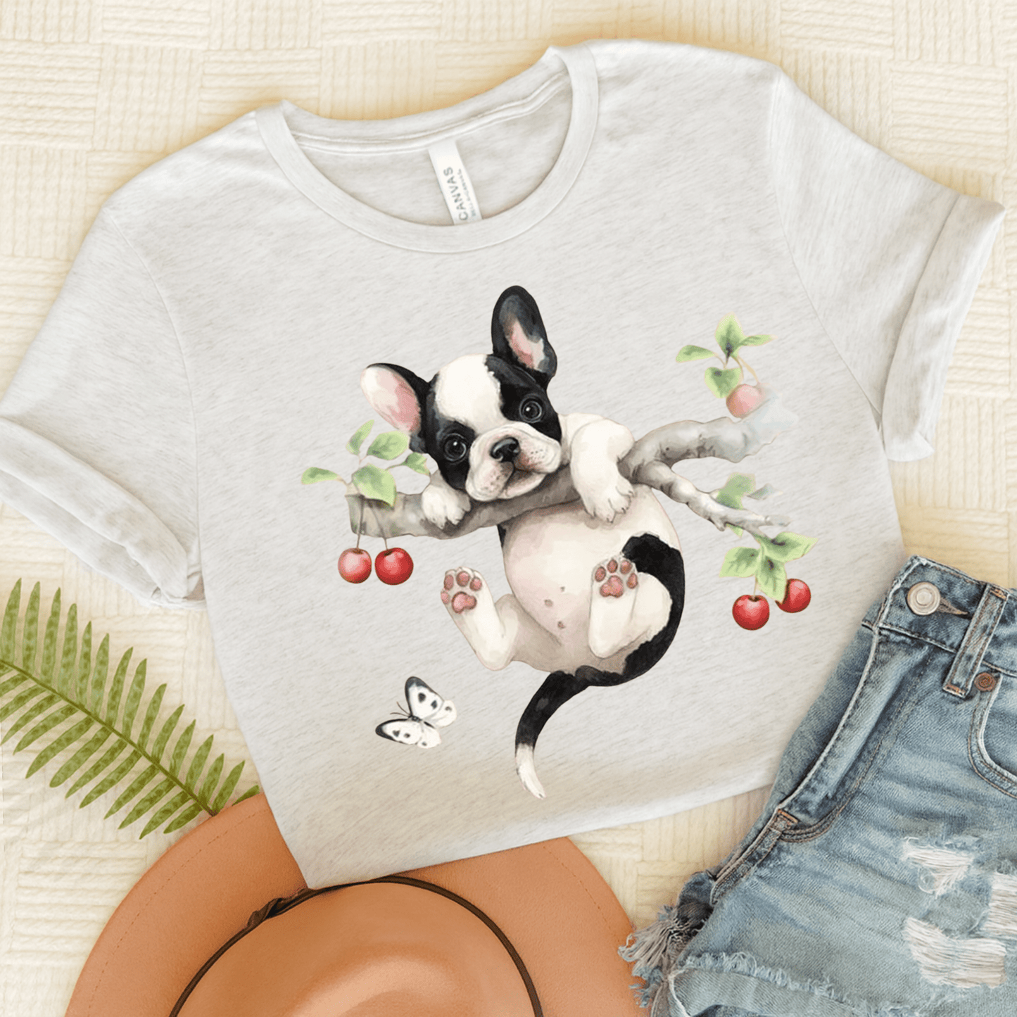 Printify T-Shirt Ash / S Piebald French Bulldog Hang In There Tshirt