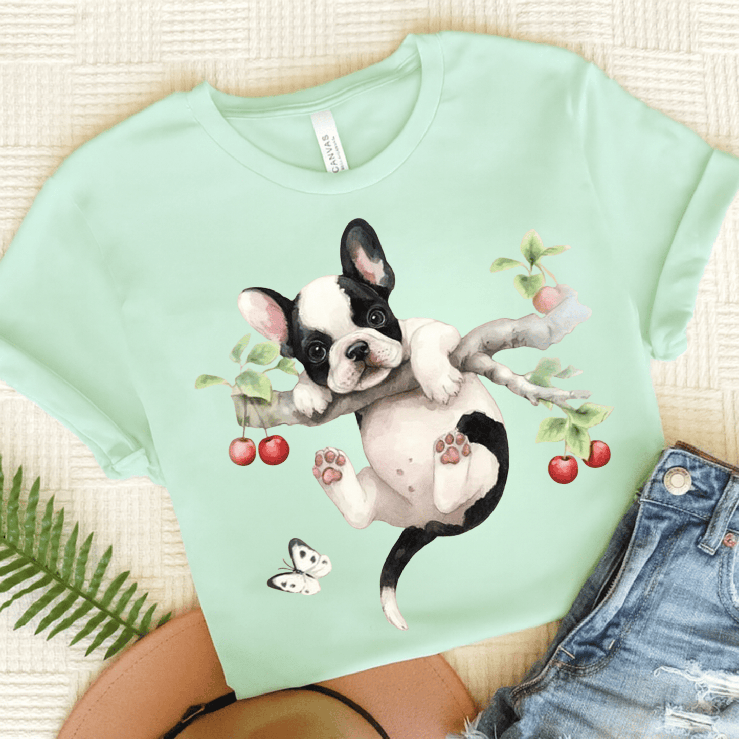 Printify T-Shirt Heather Mint / S Piebald French Bulldog Hang In There Tshirt