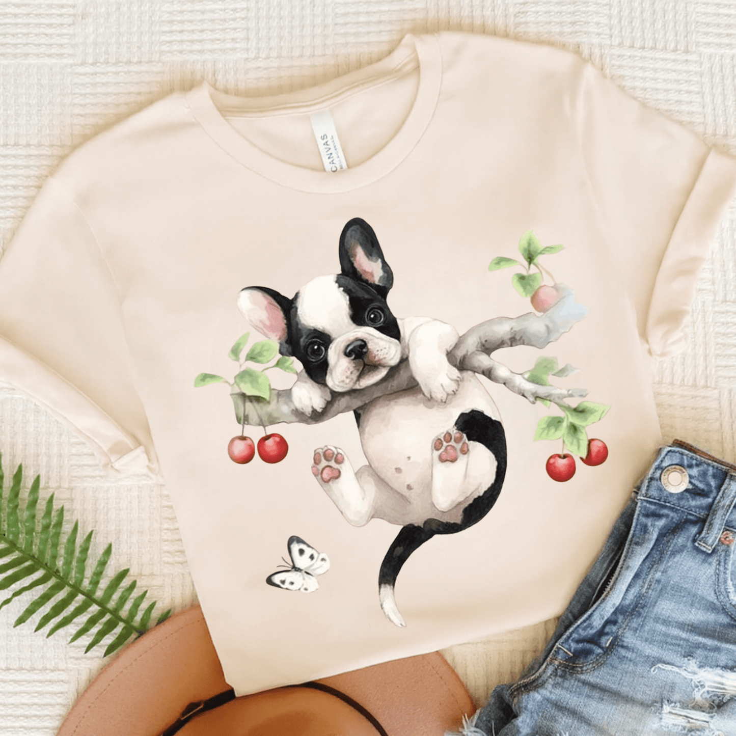 Printify T-Shirt Natural / S Piebald French Bulldog Hang In There Tshirt