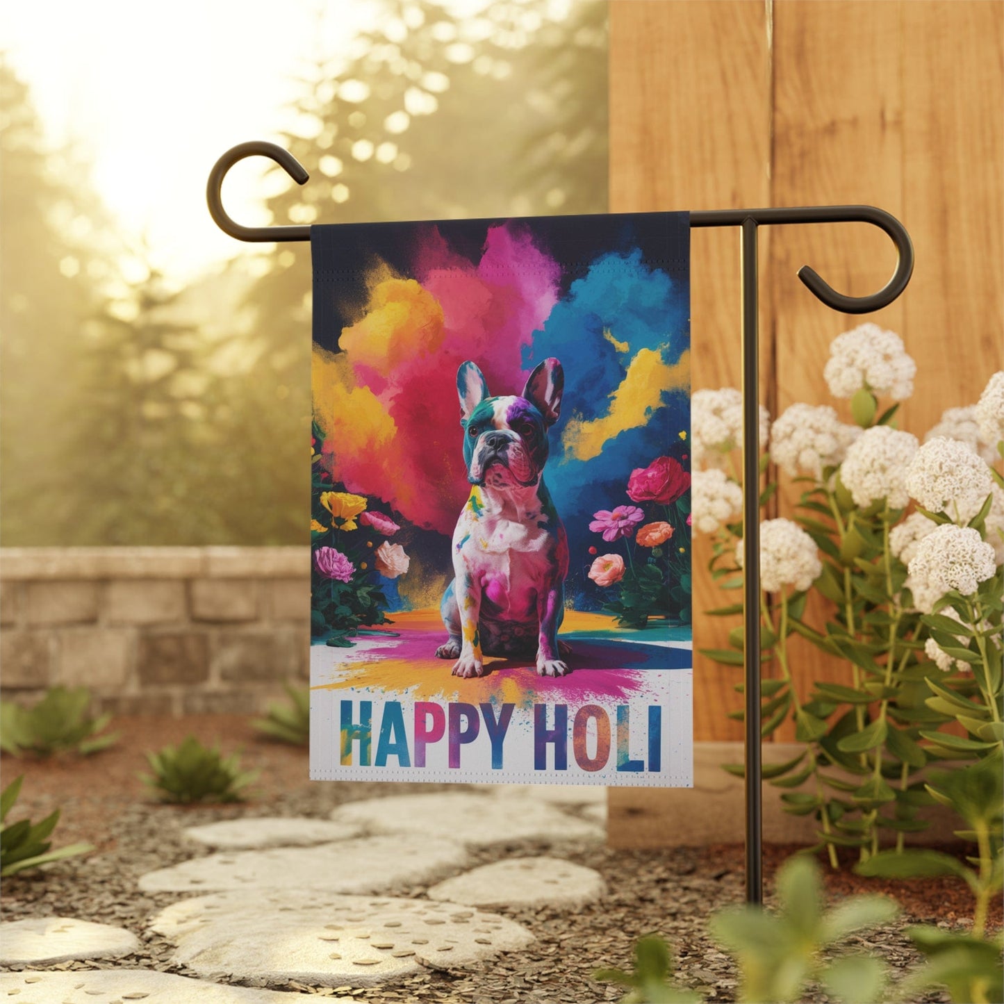 Printify Garden Flag Piebald French Bulldog Holi Garden Flag