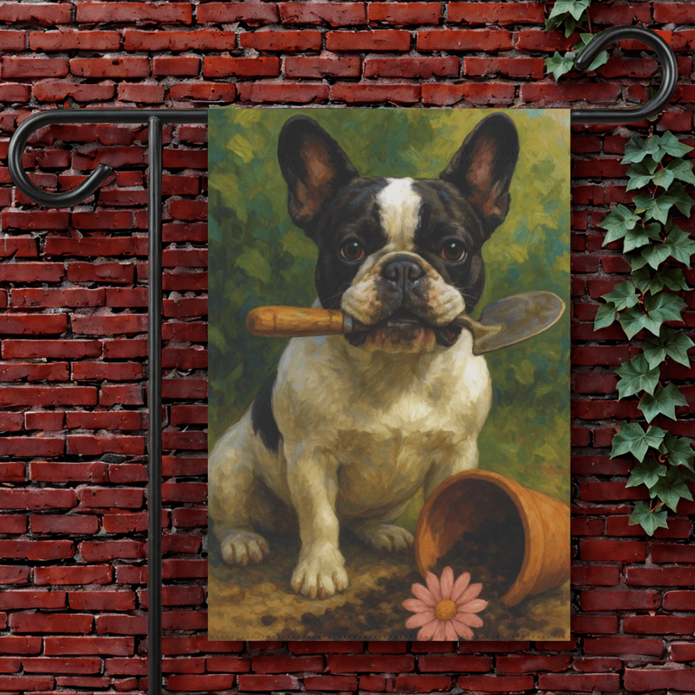 Piebald French Bulldog Little Gardener Garden Flag 12'' × 18''