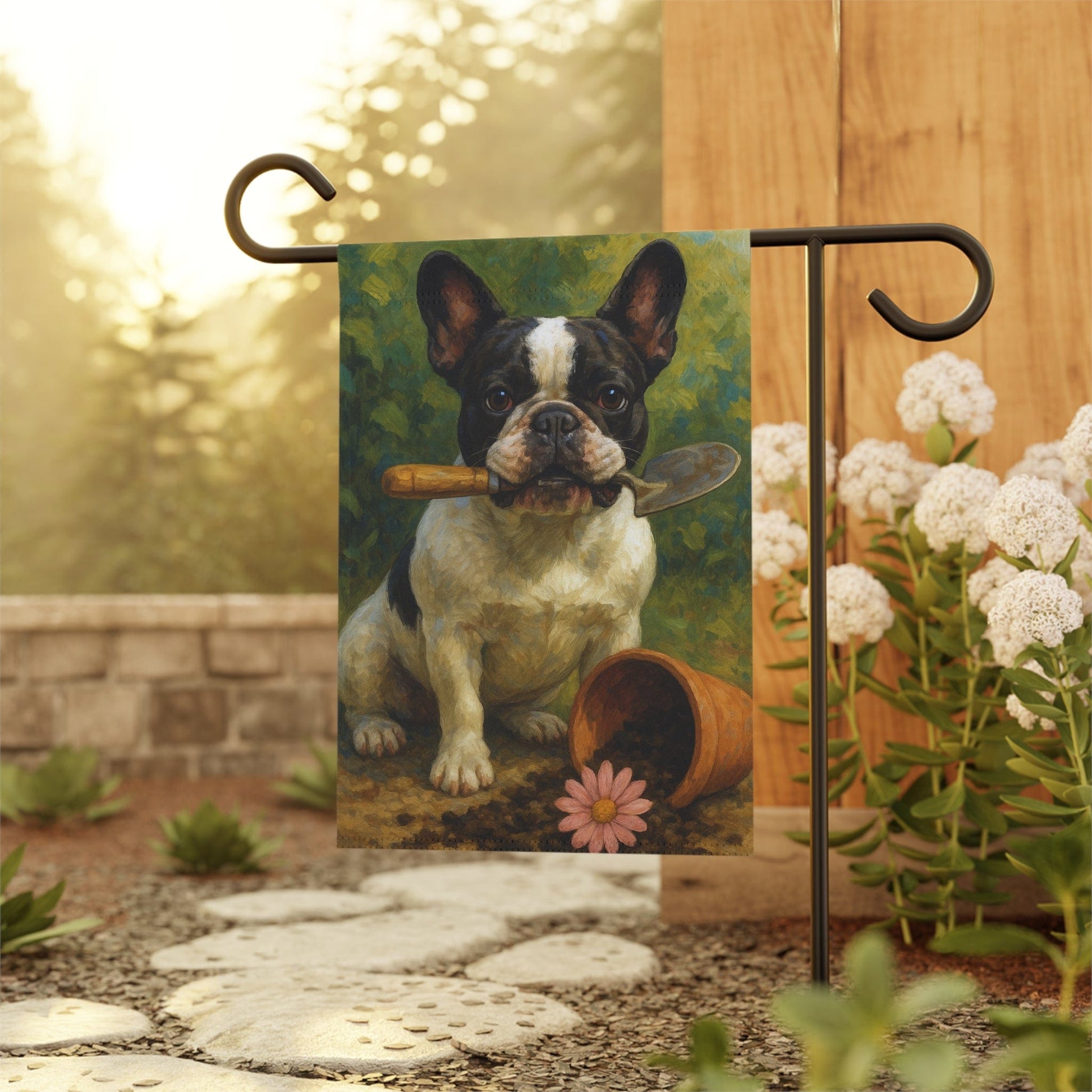 Piebald French Bulldog Little Gardener Garden Flag