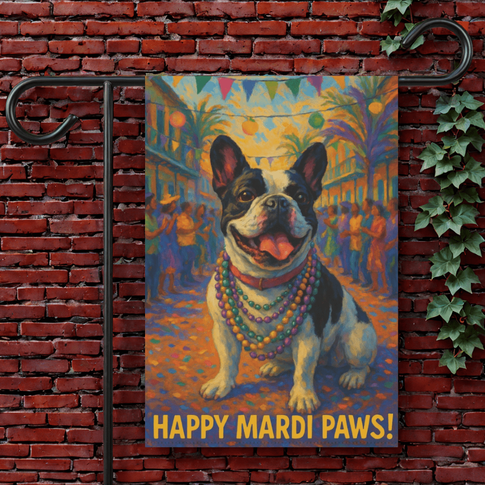 Piebald French Bulldog Mardi Gras Paws Garden Flag 12'' × 18''