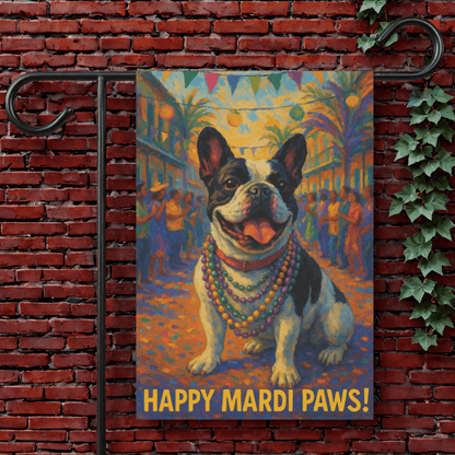 Piebald French Bulldog Mardi Gras Paws Garden Flag 12'' × 18''