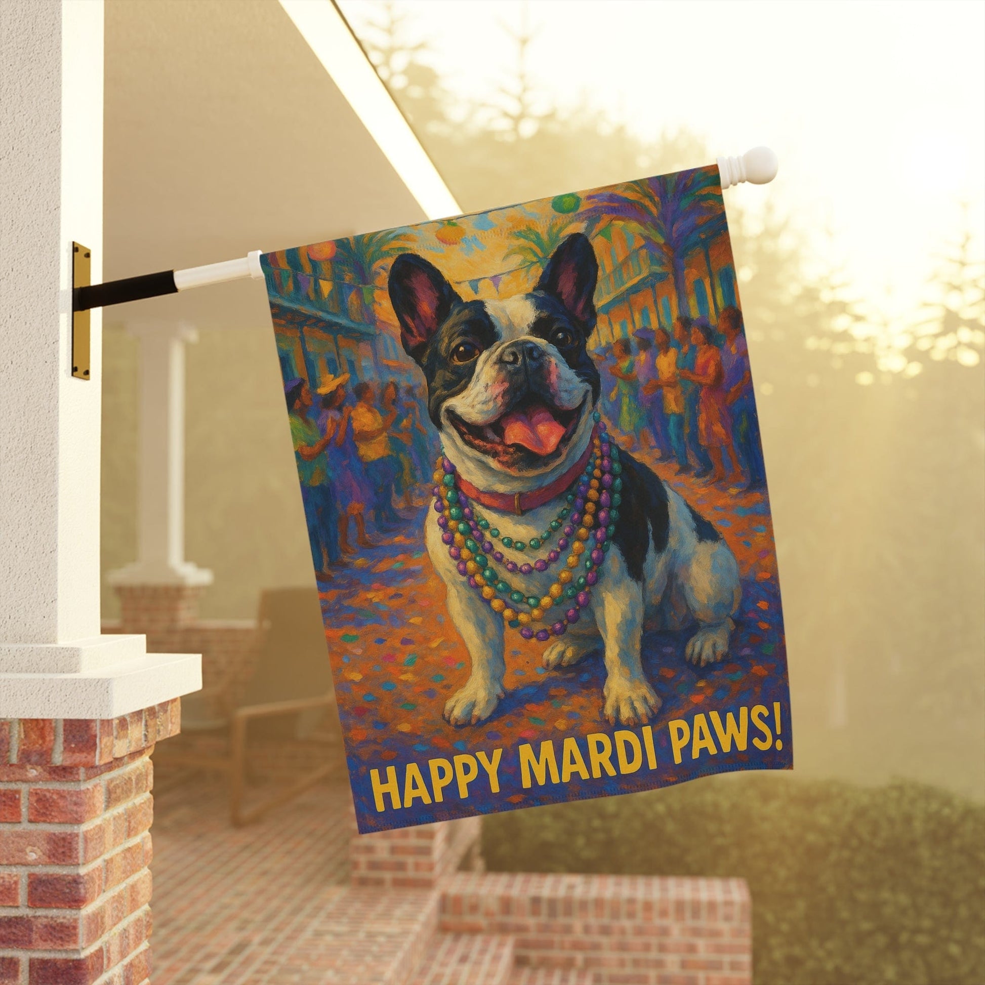 Piebald French Bulldog Mardi Gras Paws Garden Flag