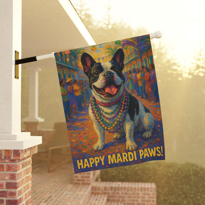 Piebald French Bulldog Mardi Gras Paws Garden Flag