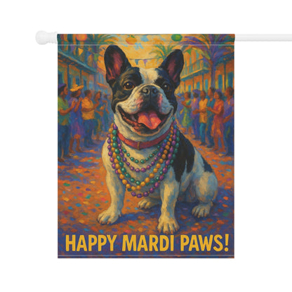 Piebald French Bulldog Mardi Gras Paws Garden Flag