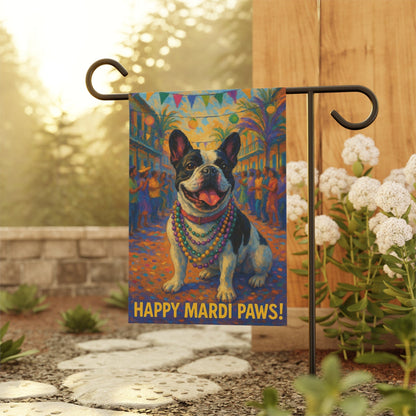 Piebald French Bulldog Mardi Gras Paws Garden Flag