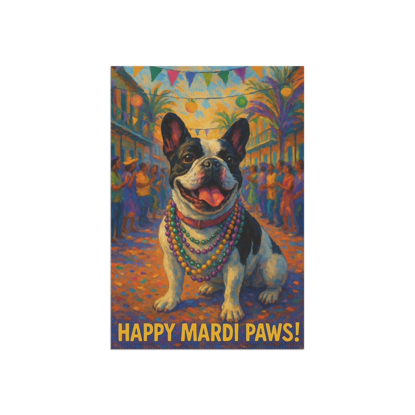 Piebald French Bulldog Mardi Gras Paws Garden Flag