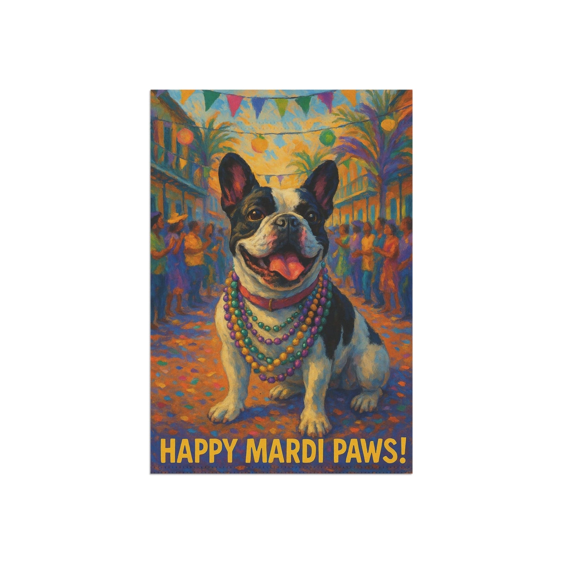 Piebald French Bulldog Mardi Gras Paws Garden Flag