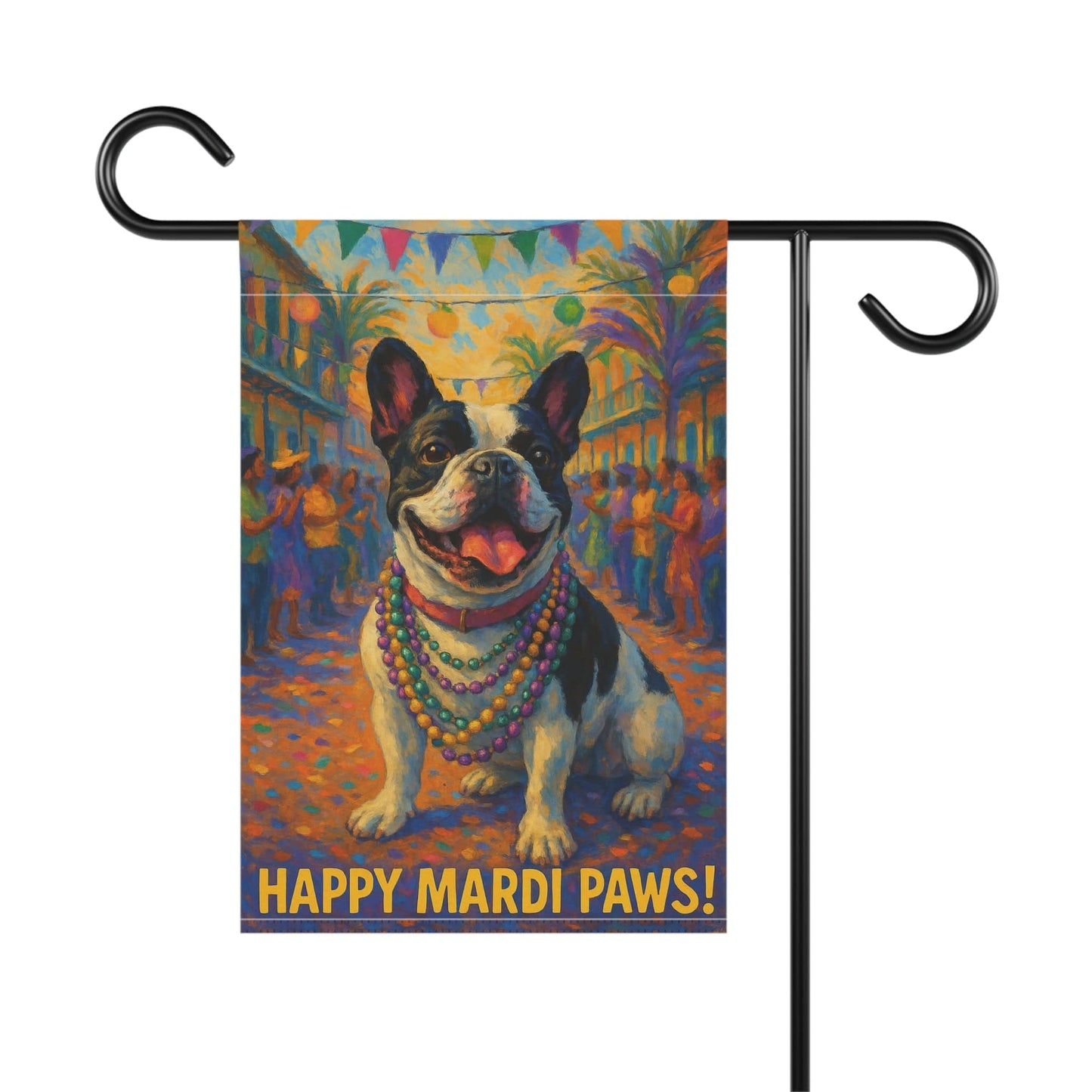Piebald French Bulldog Mardi Gras Paws Garden Flag