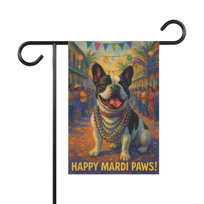 Piebald French Bulldog Mardi Gras Paws Garden Flag