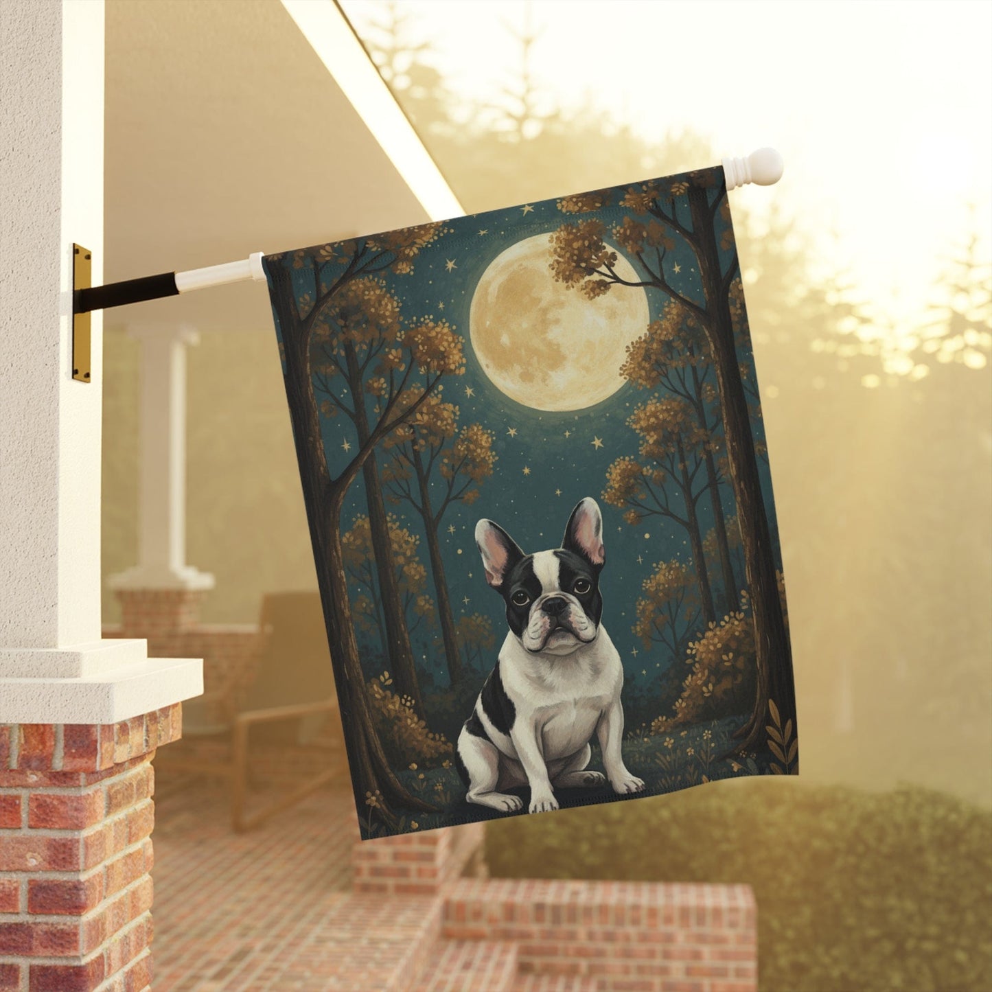 Piebald French Bulldog Nighttime Garden Yard Flag