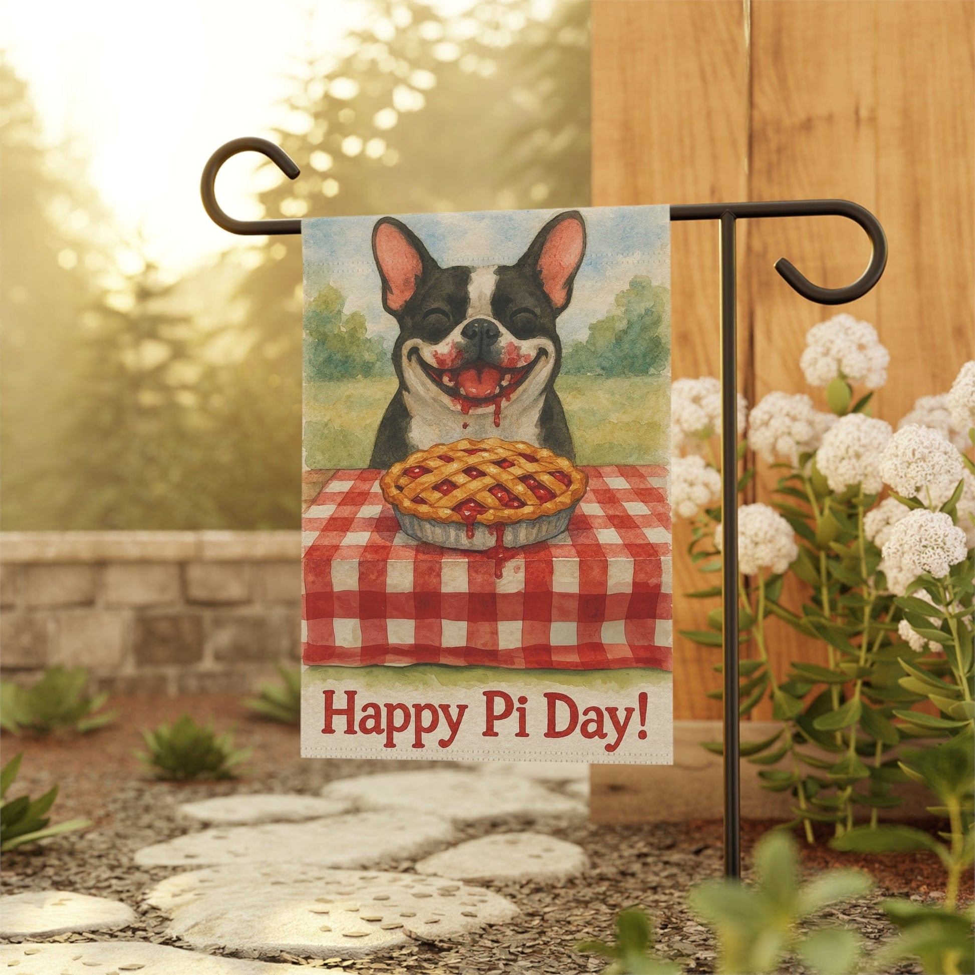 Piebald French Bulldog Pi Day Garden Flag