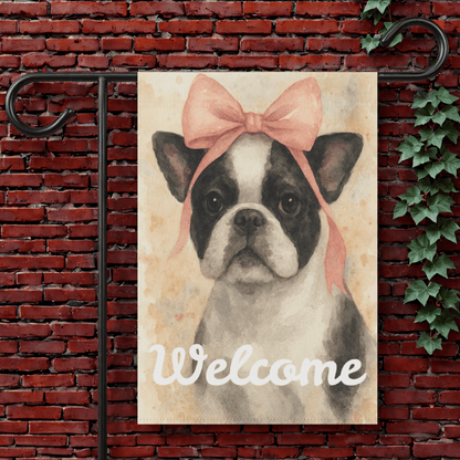 Piebald French Bulldog Pink Coquette Garden Flag 12'' × 18''
