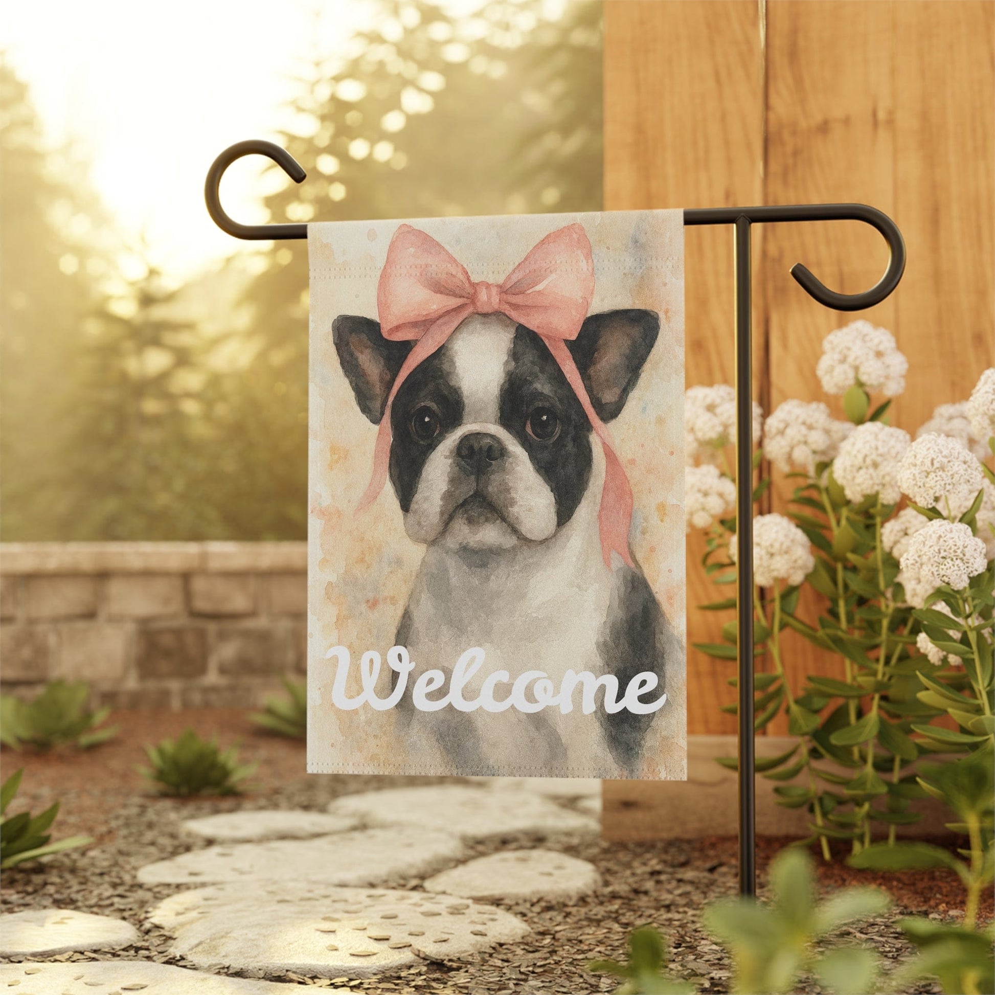 Piebald French Bulldog Pink Coquette Garden Flag