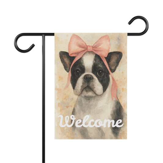 Piebald French Bulldog Pink Coquette Garden Flag
