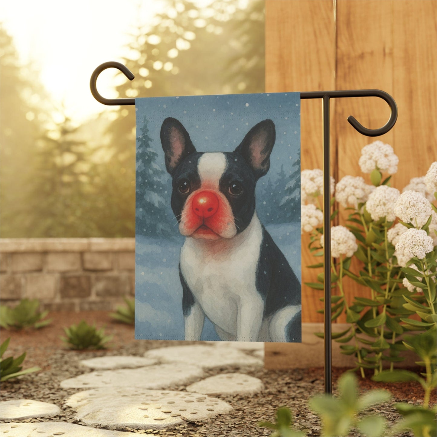 Piebald French Bulldog Reindeer Garden Flag