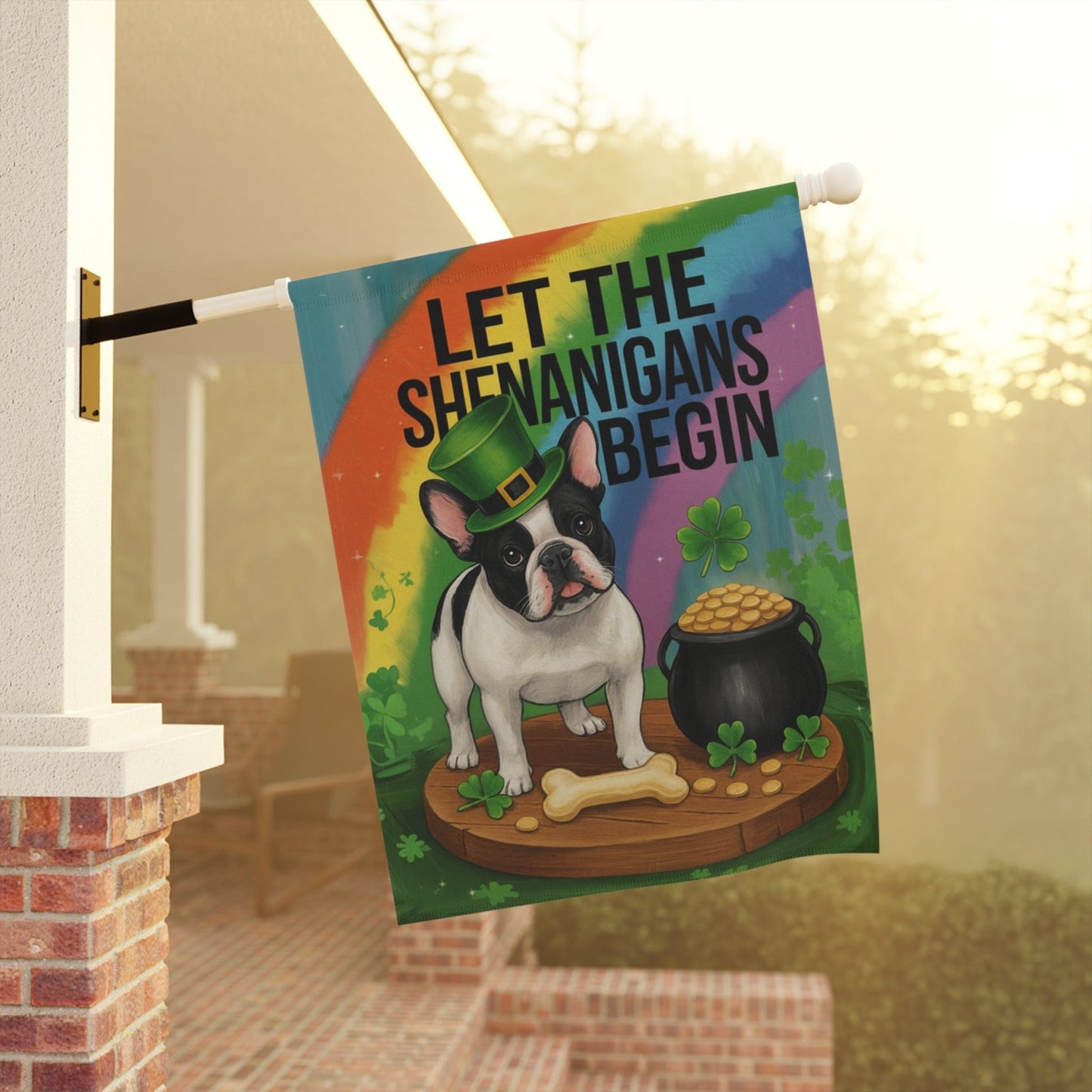 Piebald French Bulldog Saint Patricks Day Garden Flag