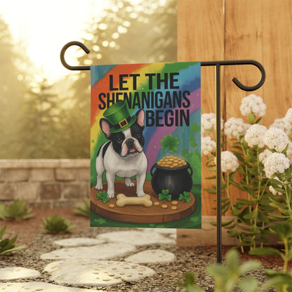 Piebald French Bulldog Saint Patricks Day Garden Flag