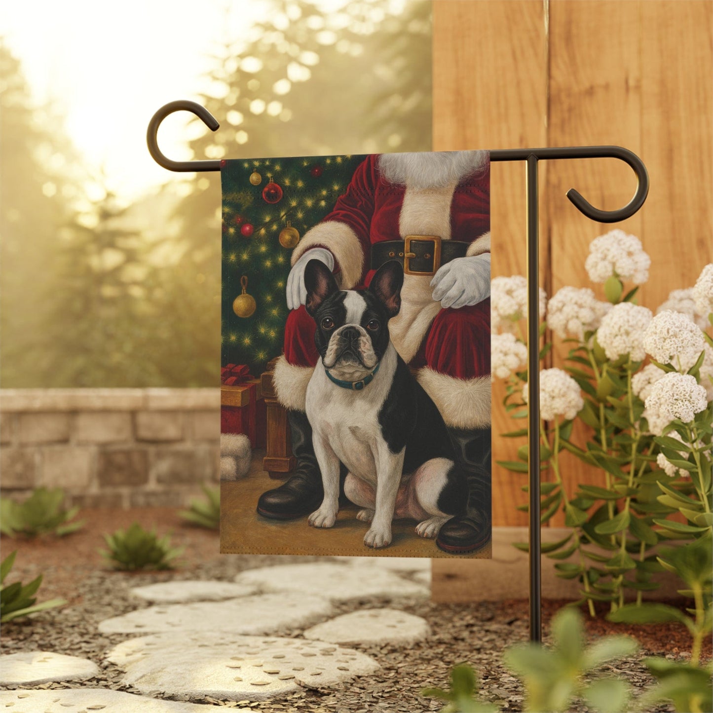 Piebald French Bulldog Santa Clause Garden Flag