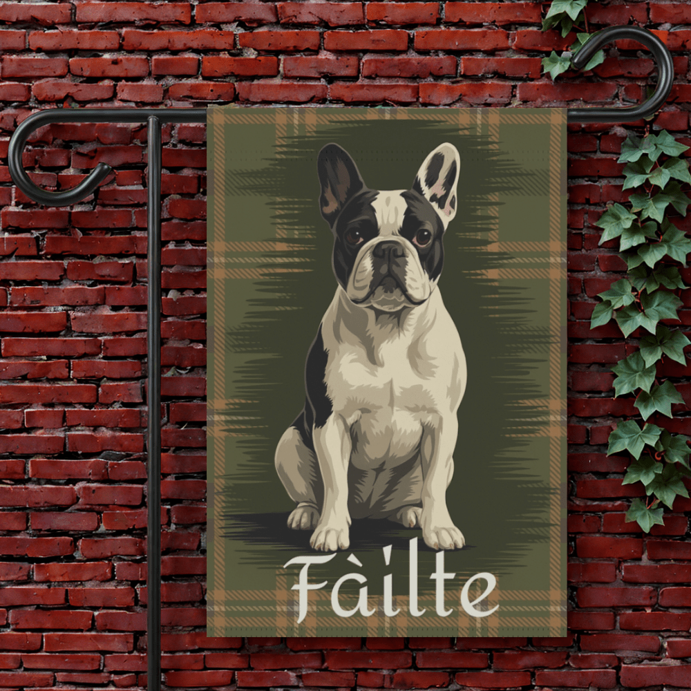 Piebald French Bulldog Scottish Welcome Garden Flag 12'' × 18''