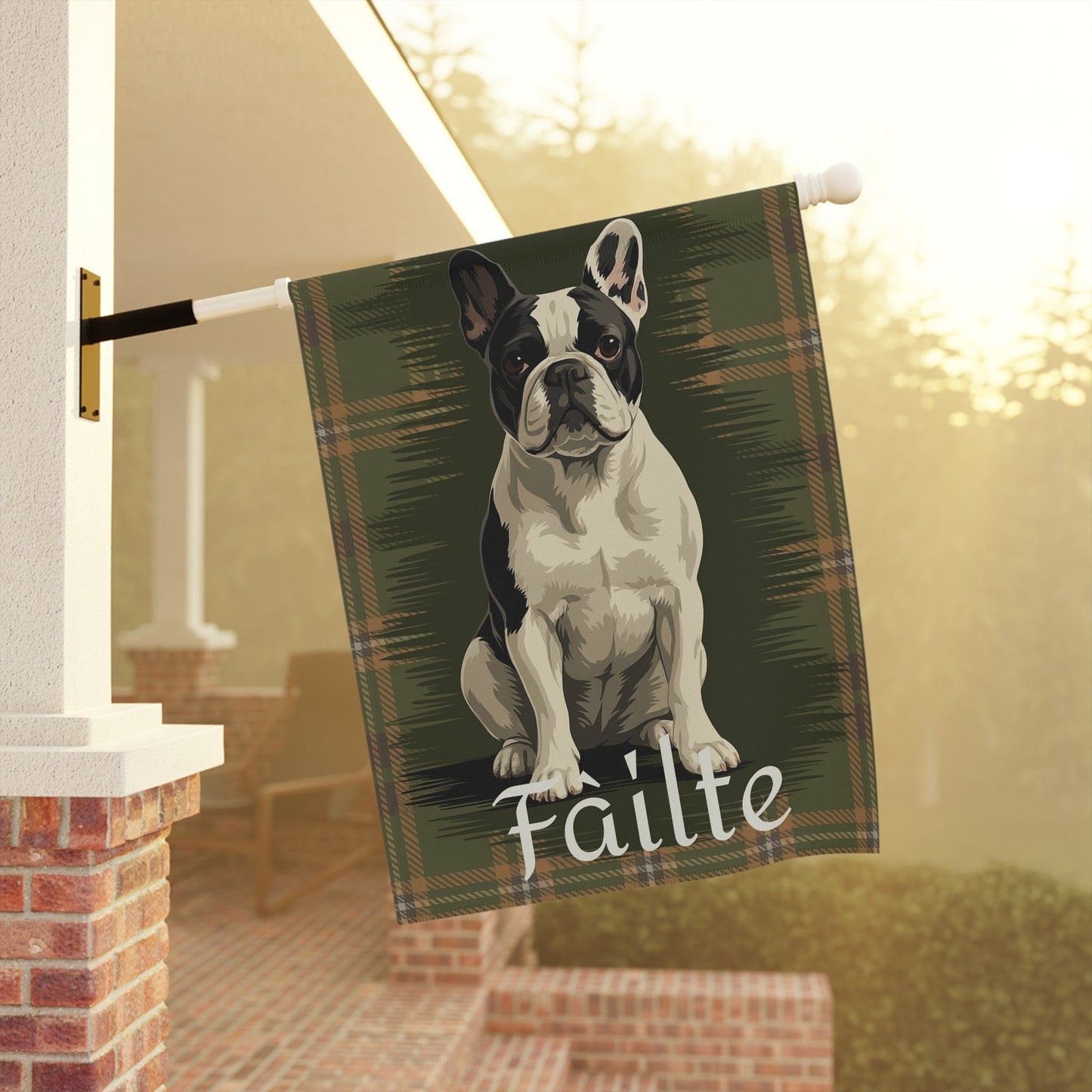 Piebald French Bulldog Scottish Welcome Garden Flag