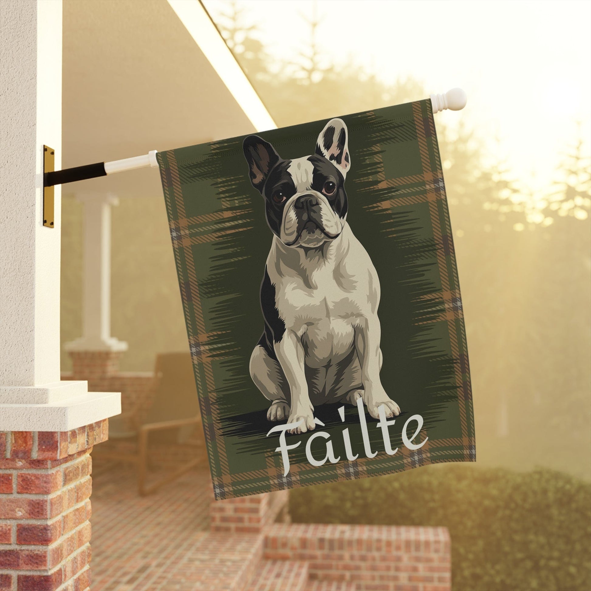 Piebald French Bulldog Scottish Welcome Garden Flag