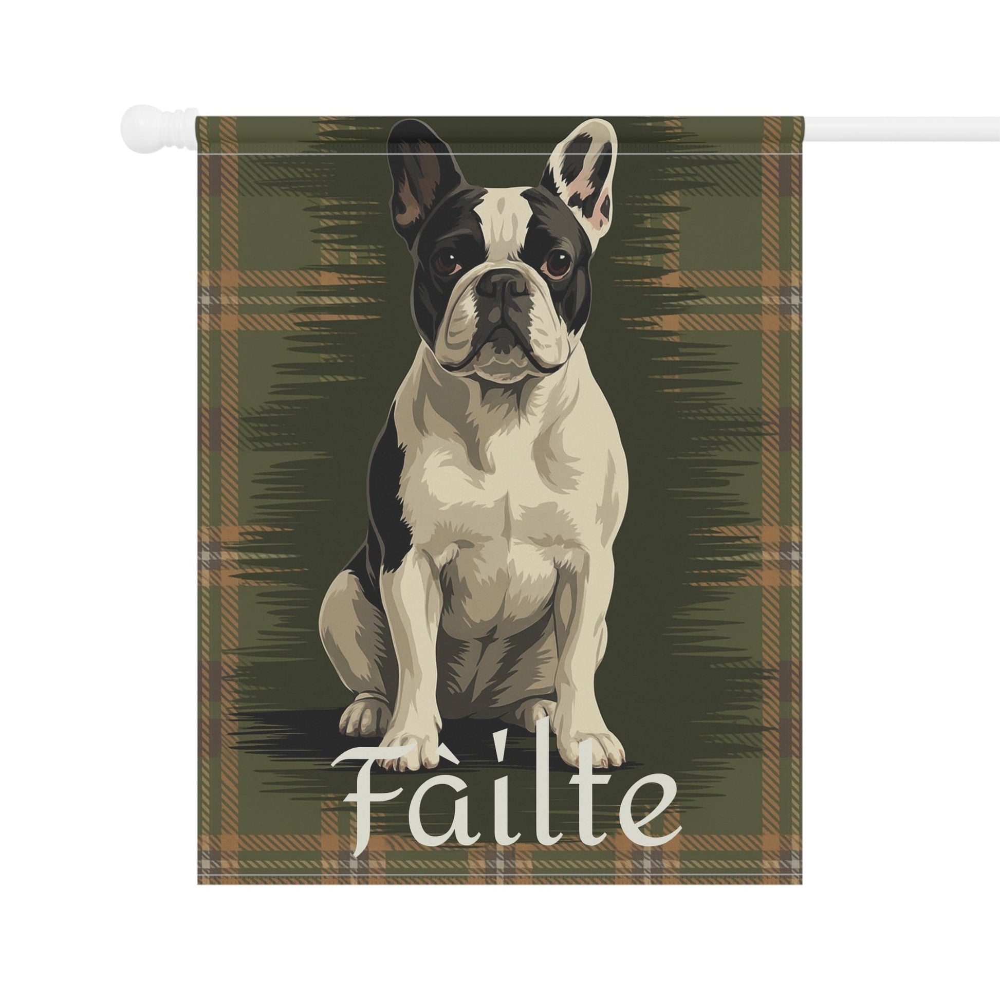 Piebald French Bulldog Scottish Welcome Garden Flag