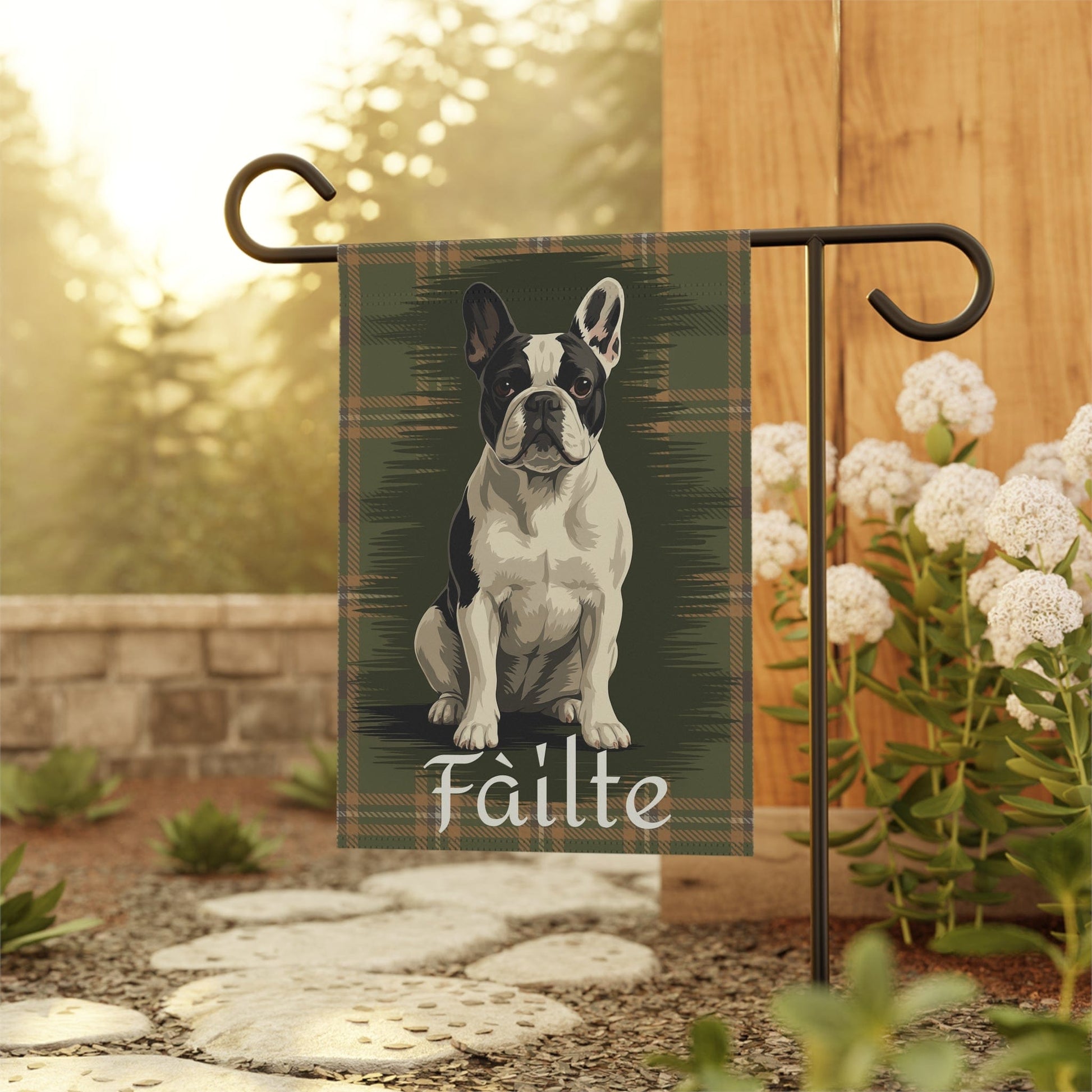 Piebald French Bulldog Scottish Welcome Garden Flag