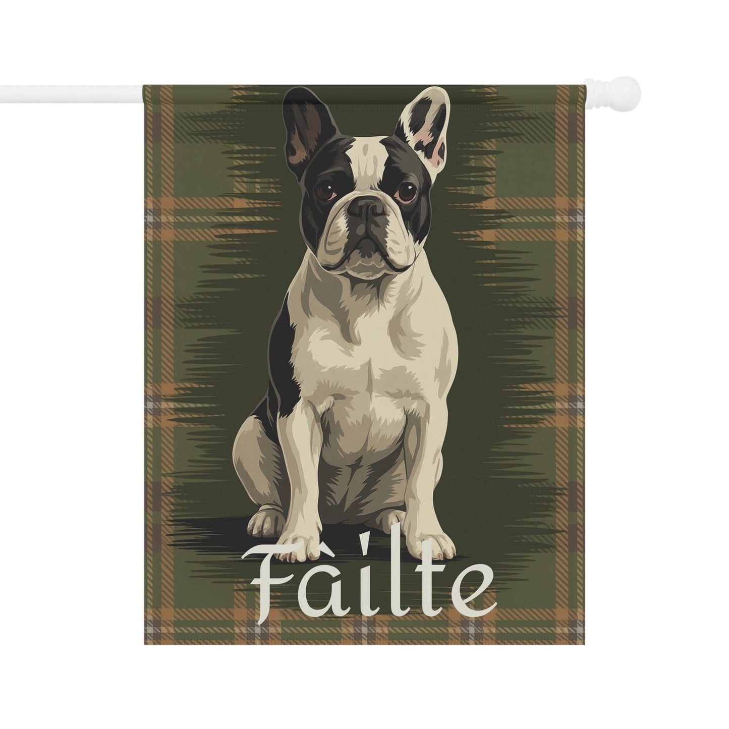Piebald French Bulldog Scottish Welcome Garden Flag