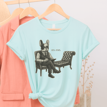 Printify T-Shirt Heather Ice Blue / S Piebald French Bulldog Sit Stay TShirt